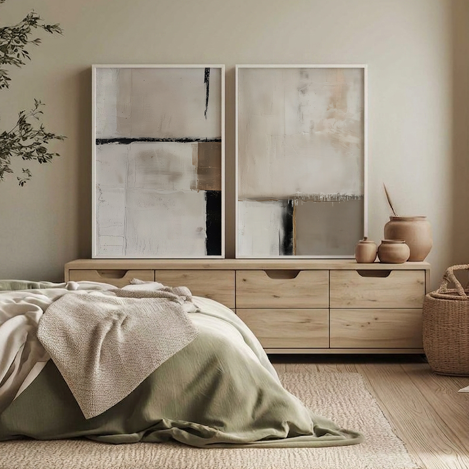 Neutral Abstract Wall Art Set of 2 | Mid-Century Modern, two framed abstract art prints above a wooden dresser in a serene neutral bedroom living space
