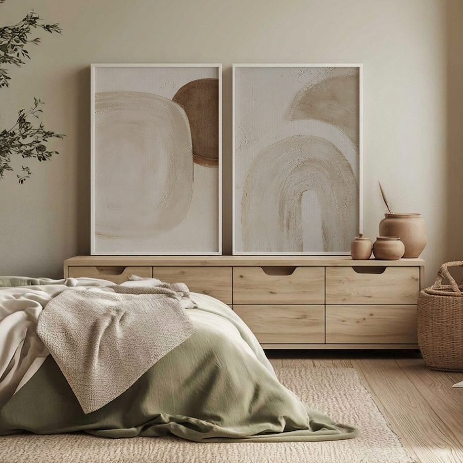 Wabi-Sabi Neutral Wall Art Set of 2 | Abstract Canvas displayed above a wood dresser in a serene bedroom with minimalist neutral abstract art