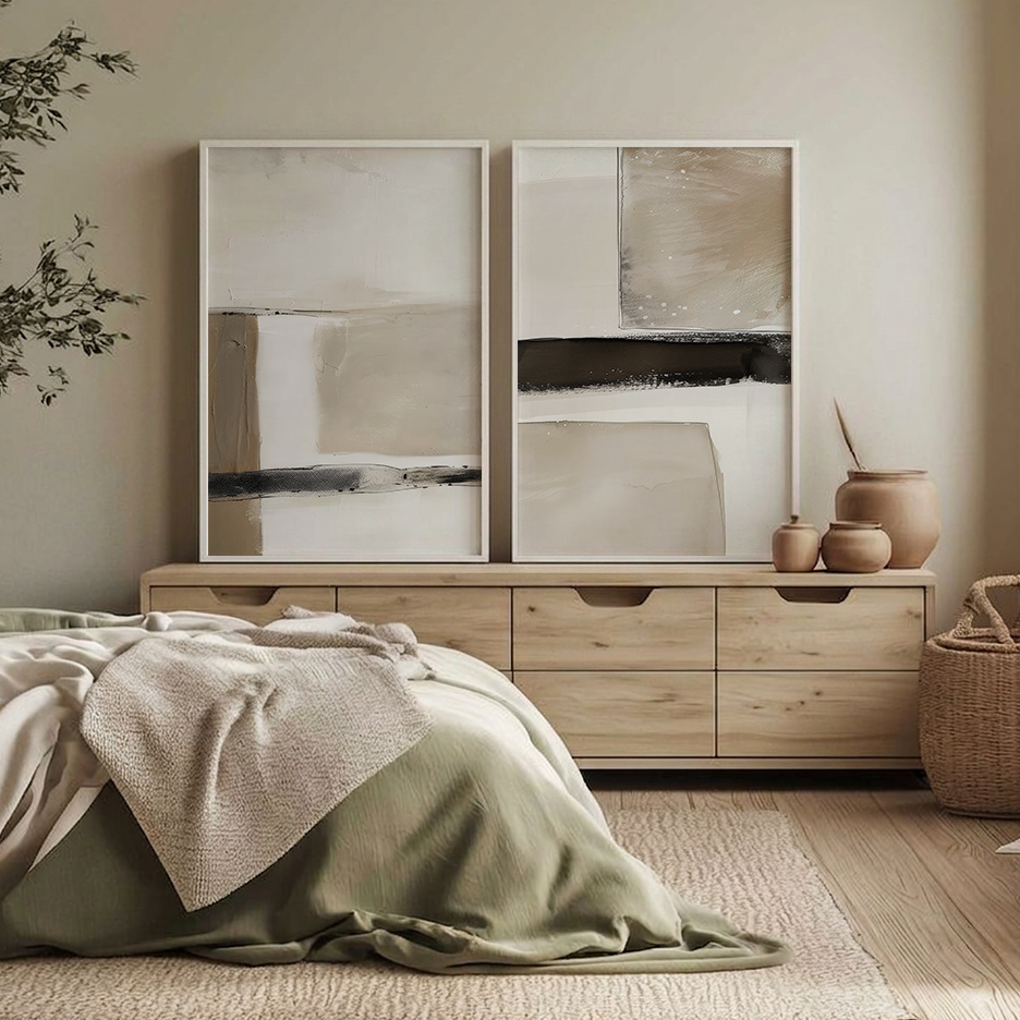 Minimalist Japandi Wall Art Set | Beige & Black Abstracts featuring two neutral abstract prints above a wooden console in a serene bedroom with modern wall art