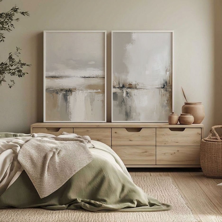 Neutral Landscape Wall Art Set of 2 | Minimalist Abstract featuring two framed neutral abstract landscape prints above a wooden dresser in a serene bedroom setting