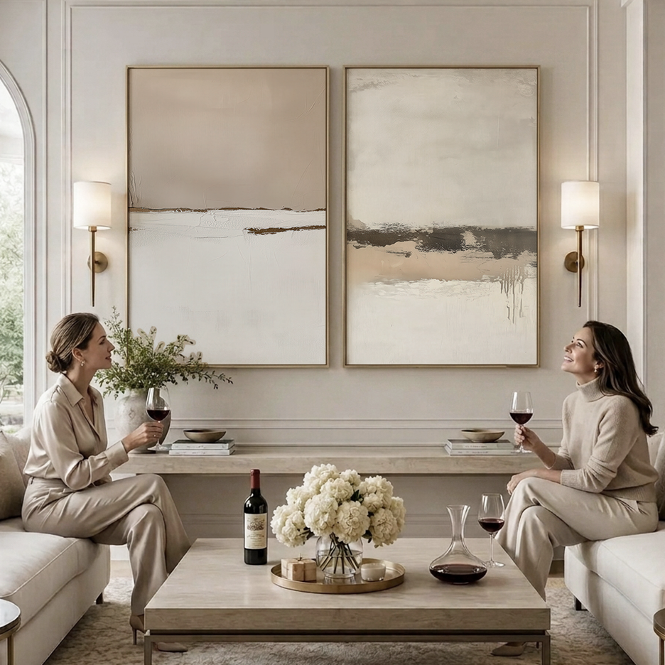 Neutral Abstract Wall Art Set | Beige Minimalist Prints featuring two framed neutral abstract art prints above an elegant modern living room seating area