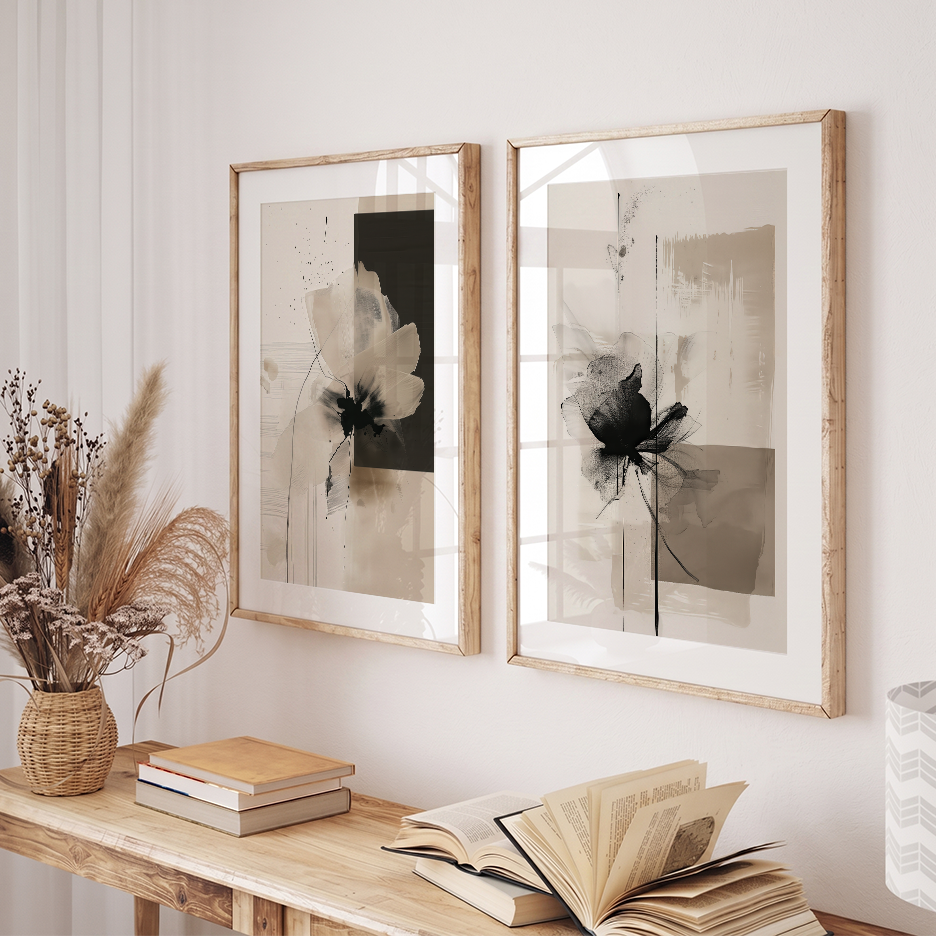 Modern Abstract Floral Set | Beige & Black Botanical Canvas Prints featuring paired neutral abstract wall art in natural wood frames above a console table