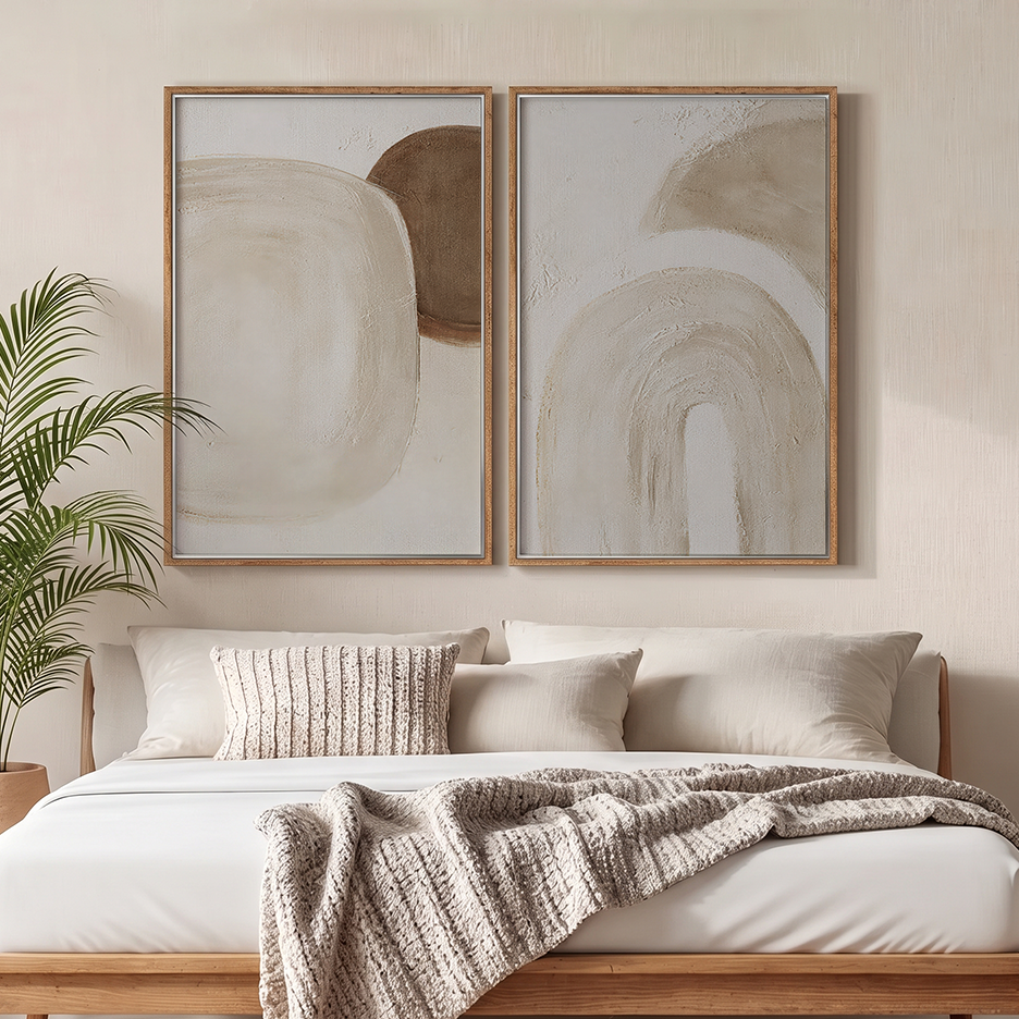 Wabi-Sabi Neutral Wall Art Set of 2 | Abstract Canvas featuring modern neutral abstract artwork in natural wood frames above a cozy bed\Seeder