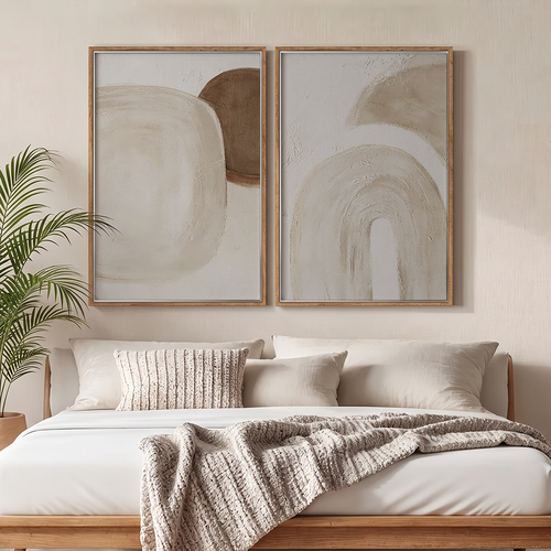Wabi-Sabi Neutral Wall Art Set of 2 | Abstract Canvas featuring modern neutral abstract artwork in natural wood frames above a cozy bed\Seeder