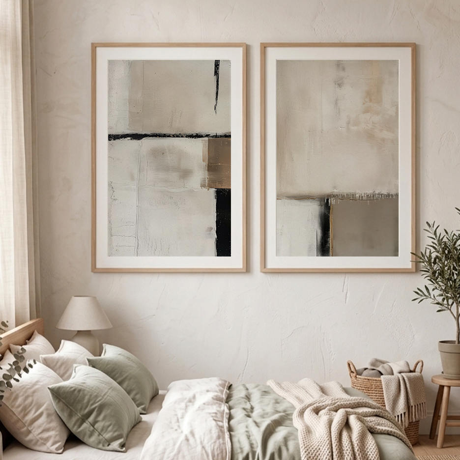 Neutral Abstract Wall Art Set of 2 | Mid-Century Modern featuring two framed neutral abstract art prints above a cozy bed in a serene bedroom