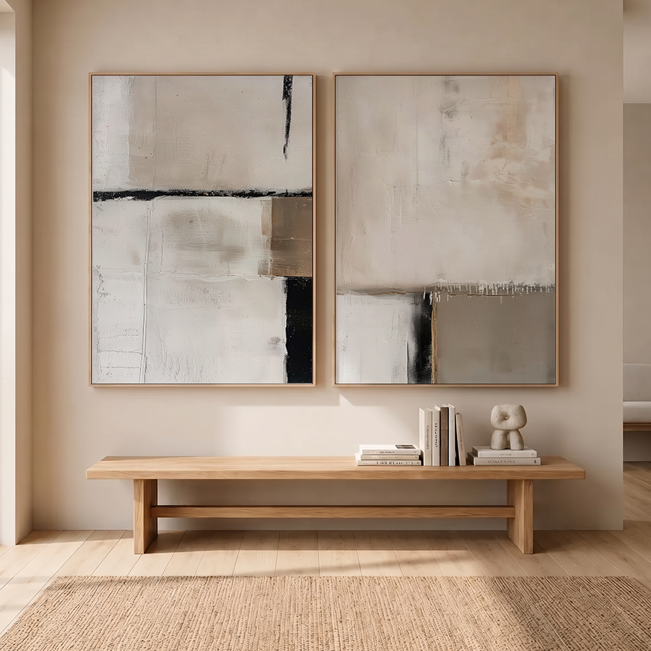 Neutral Abstract Wall Art Set of 2 | Mid-Century Modern featuring minimalist abstract art prints in neutral tones above a wooden console in a living room