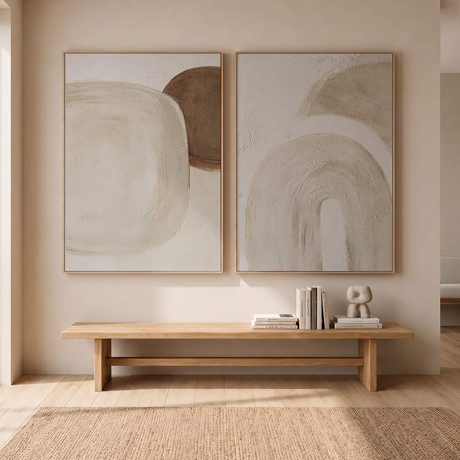 Wabi-Sabi Neutral Wall Art Set of 2 | Abstract Canvas with two minimalist beige abstract paintings displayed above a wooden bench in a living room