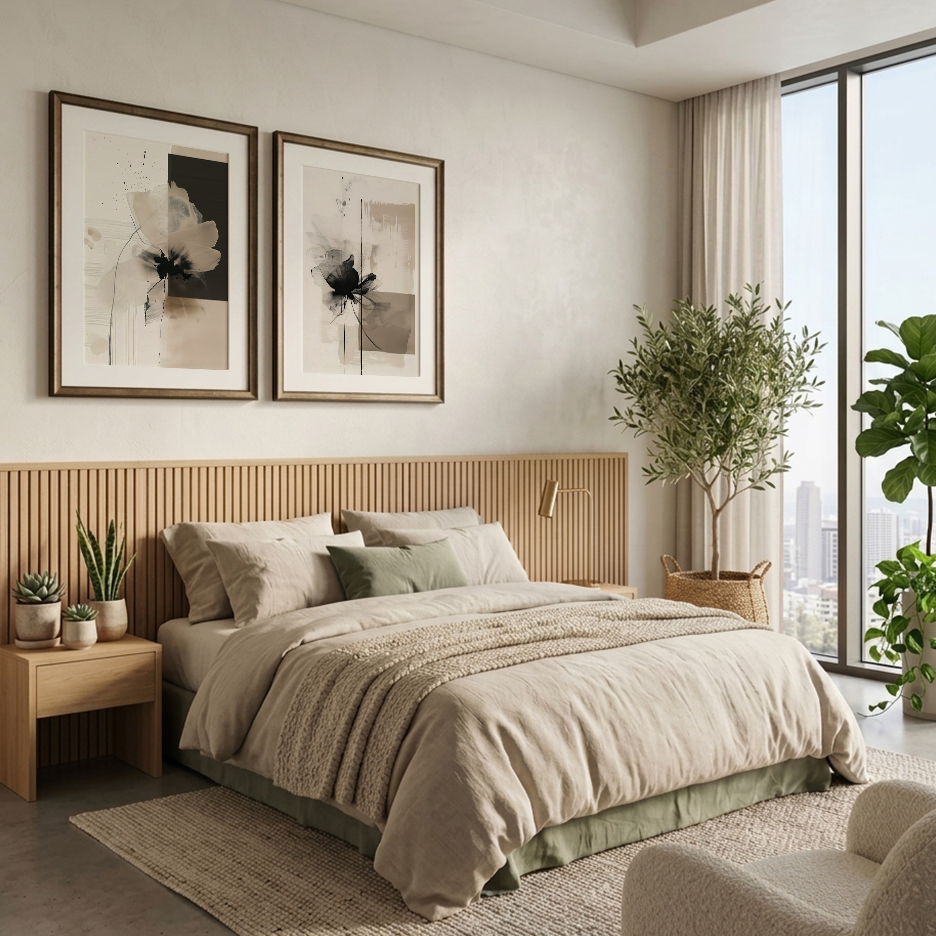 Modern Abstract Floral Set | Beige & Black Botanical Canvas Prints displayed as framed abstract floral wall art above a neutral bedroom bed in a modern interior