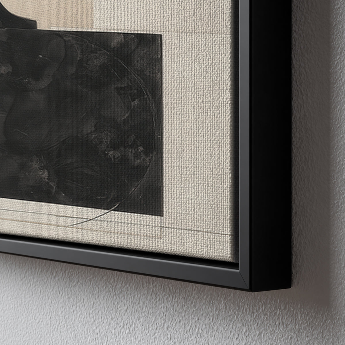 Neutral toned abstract canvas with textured black and brown shapes