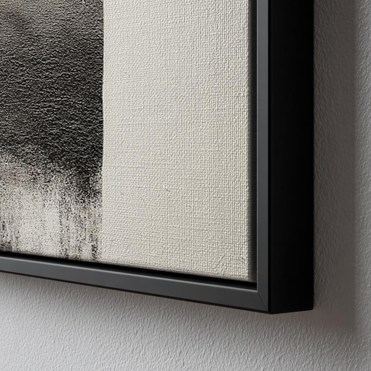 Close-up of a textured canvas in a black frame showcasing the Abstract Geometric Wall Art Print – Modern Minimalist Black & White Textured Decor with neutral abstract wall art design.
