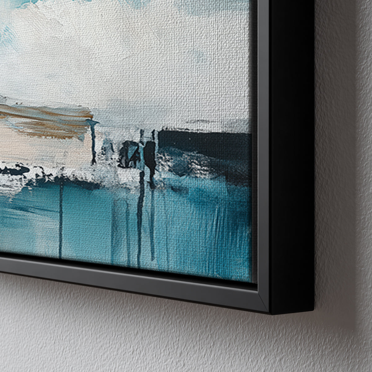 Blue and teal abstract painting of a seascape horizon