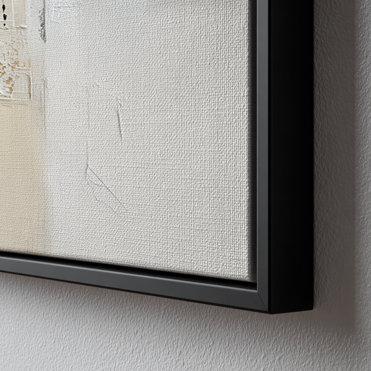 Close-up of a textured canvas with neutral tones and subtle gold accents, framed in a sleek black frame, showcasing the Neutral Abstract Wall Art with Gold Accents | Modern Japandi Textured Canvas | Luxury Minimalist Decor.