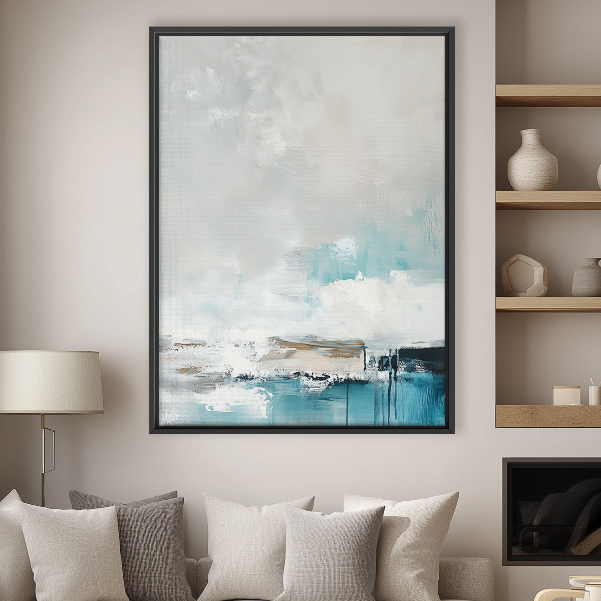 Modern abstract ocean painting with layered brushstrokes