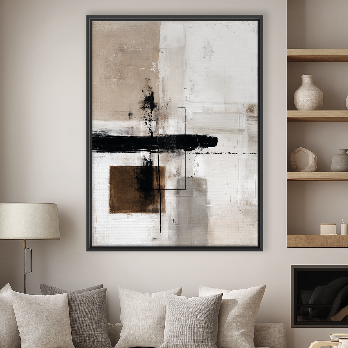 Urban Echo | Minimalist Abstract Art Print | Beige, Black & Brown Geometric Brushstroke | Giclee, Canvas & Poster Print | Matte | Framed or Unframed displayed in a modern living room with neutral tones and contemporary decor.