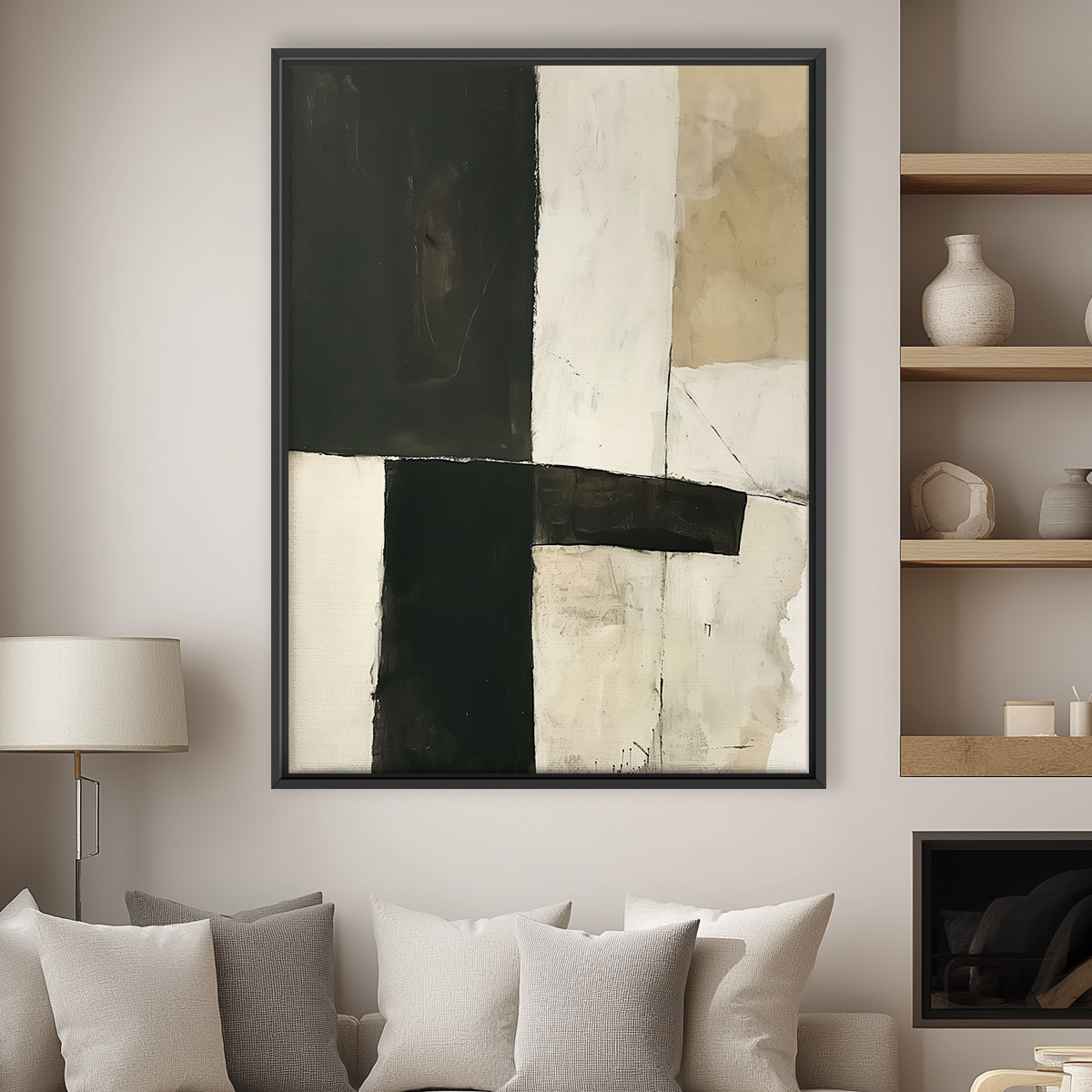 Geometric Abstract Wall Art | Neutral Black Beige Minimalist Print | Modern Wabi-Sabi Decor featuring bold black, beige, and cream color blocks in a sleek black frame above a neutral-toned sofa.