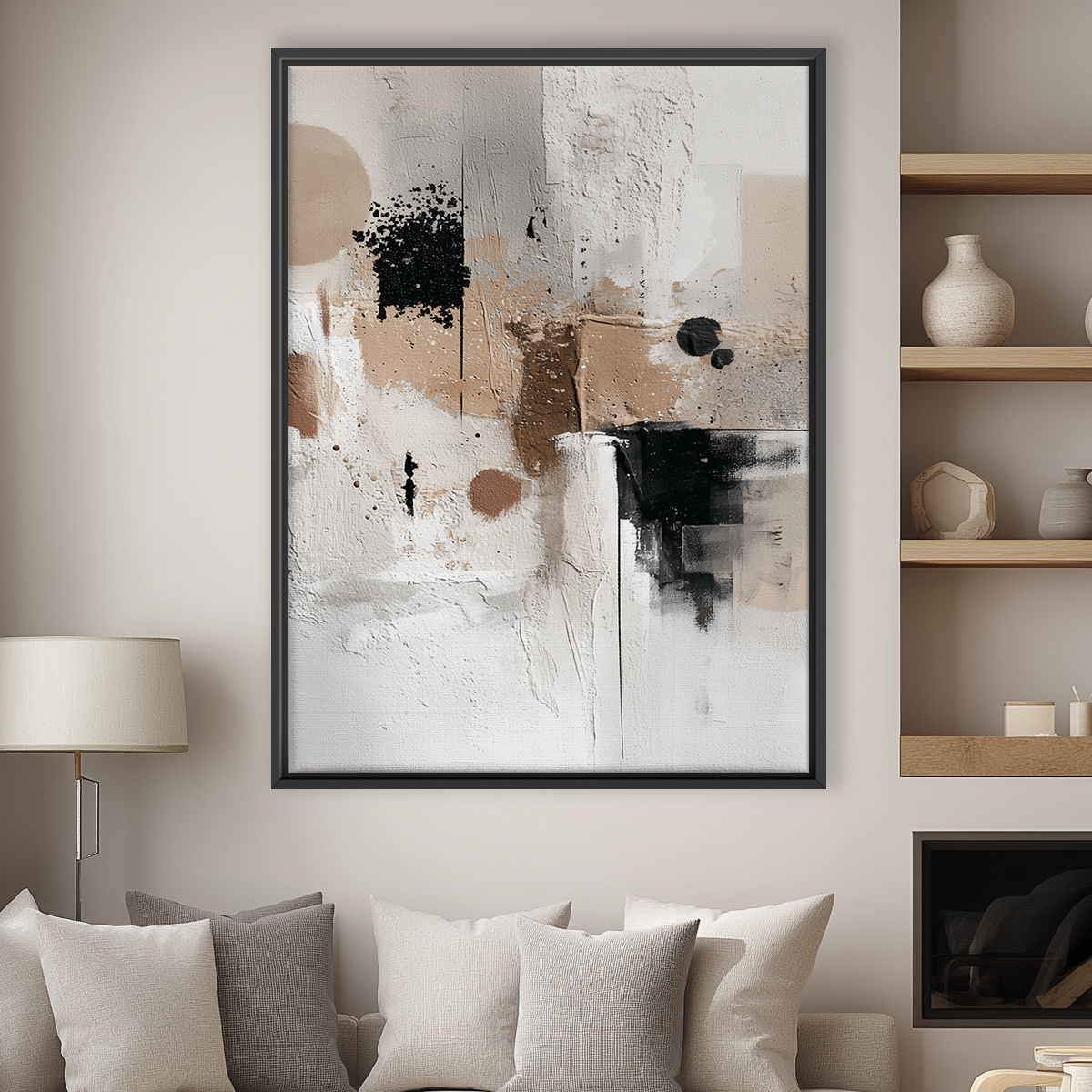 Neutral Textured Abstract Wall Art | Japandi Minimalist Canvas featuring a blend of beige, white, and black abstract shapes with textured brushstrokes in a modern living room setting.