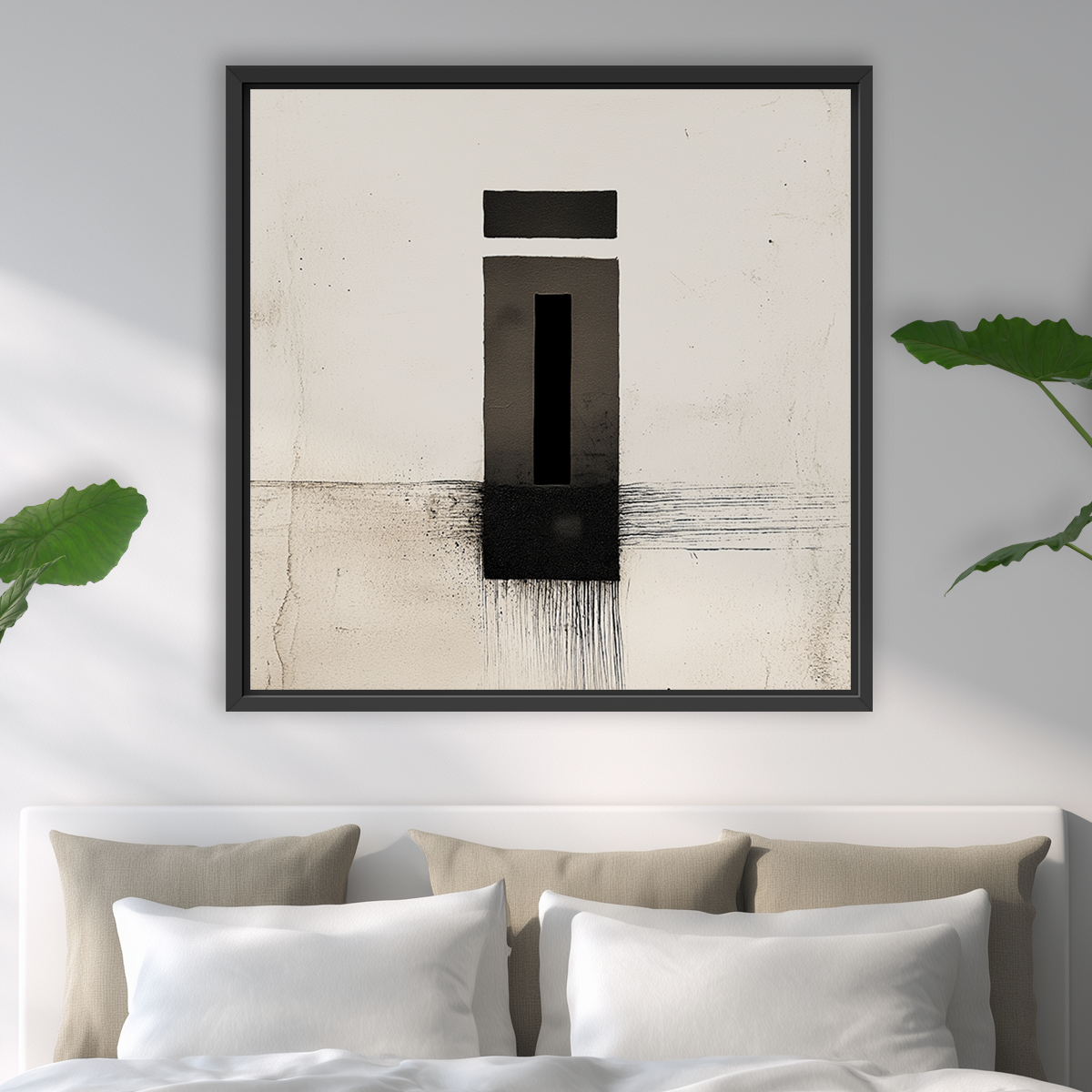 Framed Zen Abstract Wall Art Print – Minimalist Black Ink Geometric Modern Decor featuring bold vertical and horizontal black brushstrokes on a neutral textured background above a bed in a contemporary bedroom.