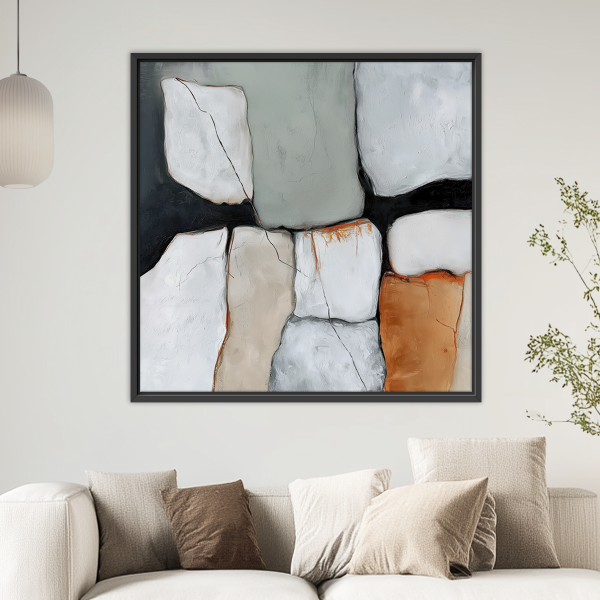Wabi-Sabi Abstract Wall Art | Earth Tone Minimalist Print | Sage Green & Burnt Orange Decor displayed above a sofa, featuring textured abstract shapes in muted greens, oranges, and neutral tones.