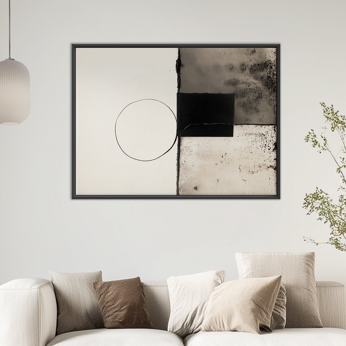 Modern Abstract Geometric Wall Art – Minimalist Black & White Textured Print featuring abstract shapes and muted tones, styled above a neutral-toned living room sofa for a contemporary look.