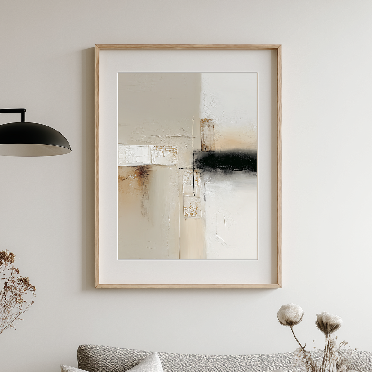 Neutral Abstract Wall Art with Gold Accents | Modern Japandi Textured Canvas | Luxury Minimalist Decor hanging in a serene living room featuring soft beige, cream, and black tones with subtle gold details.