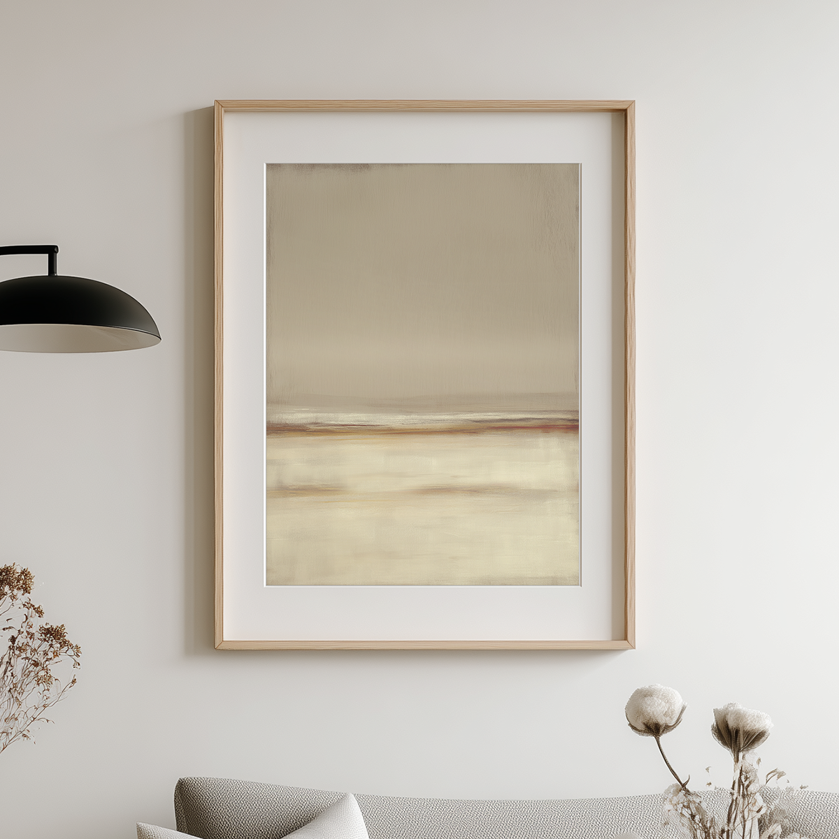 Framed Neutral Seascape Wall Art | Beige Abstract Canvas with soft horizontal brushstrokes in warm beige and cream tones, displayed in a minimalist living room setting.