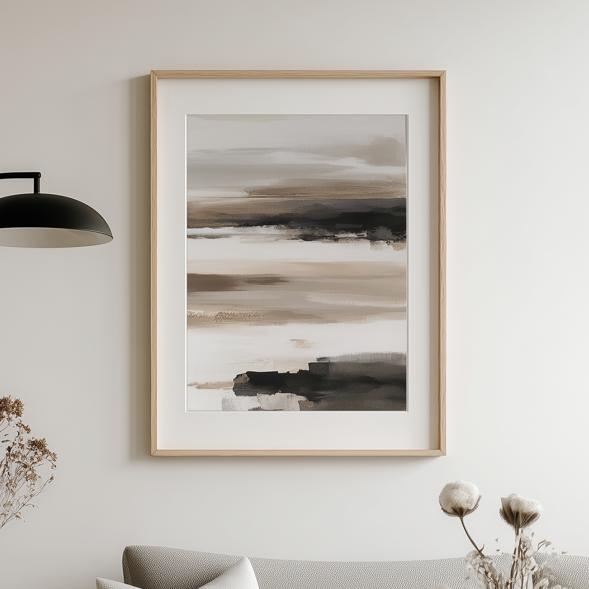 Abstract Horizon Wall Art | Neutral Watercolor Landscape displaying soothing horizontal brushstrokes in shades of beige, taupe, and black, evoking a calm minimalist atmosphere for modern living spaces.
