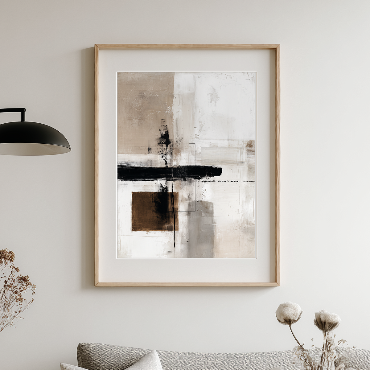 Urban Echo | Minimalist Abstract Art Print | Beige, Black & Brown Geometric Brushstroke | Giclee, Canvas & Poster Print | Matte | Framed or Unframed showcasing neutral abstract wall art for living room with modern minimalist design.