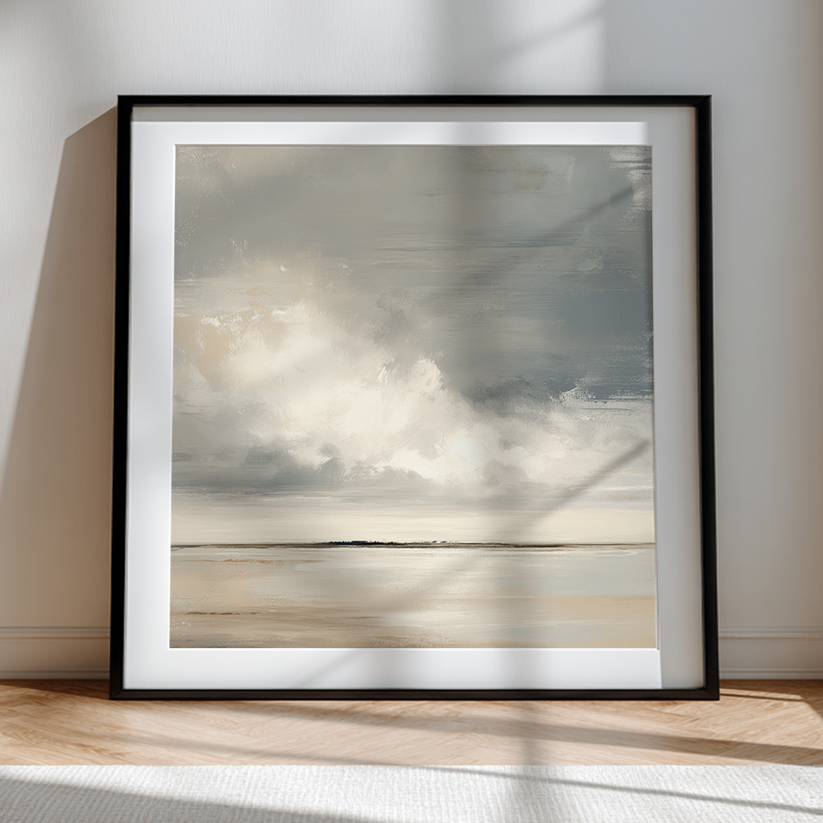 Neutral Serene Horizon Abstract Canvas Print - Modern Minimalist Decor featuring soft gray and beige tones depicting a tranquil horizon, ideal for modern wall art and minimalist living room decor.