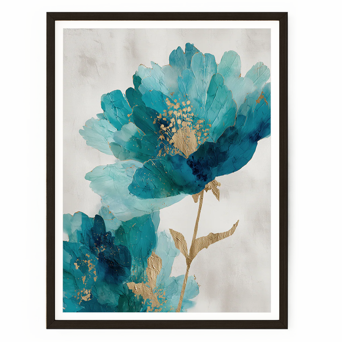 Abstract blue floral wall art with teal, cyan, and indigo tones featuring gold accents and textured impasto-style brushwork.