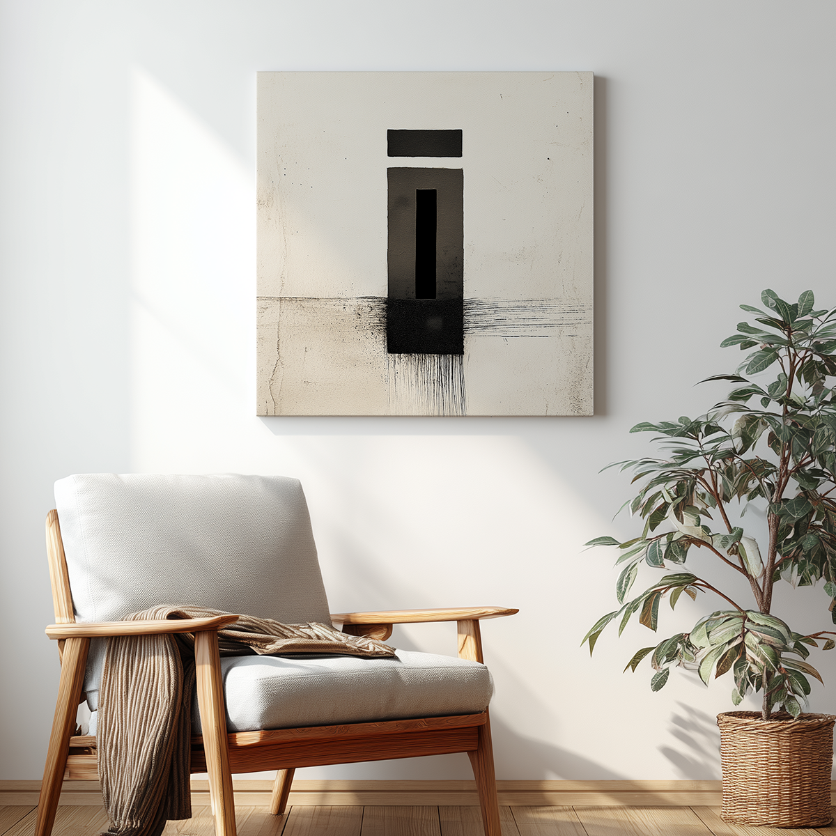 Zen Abstract Wall Art Print – Minimalist Black Ink Geometric Modern Decor displayed above a wooden chair with white cushions, next to a woven basket plant, creating a calm, modern living room ambiance.