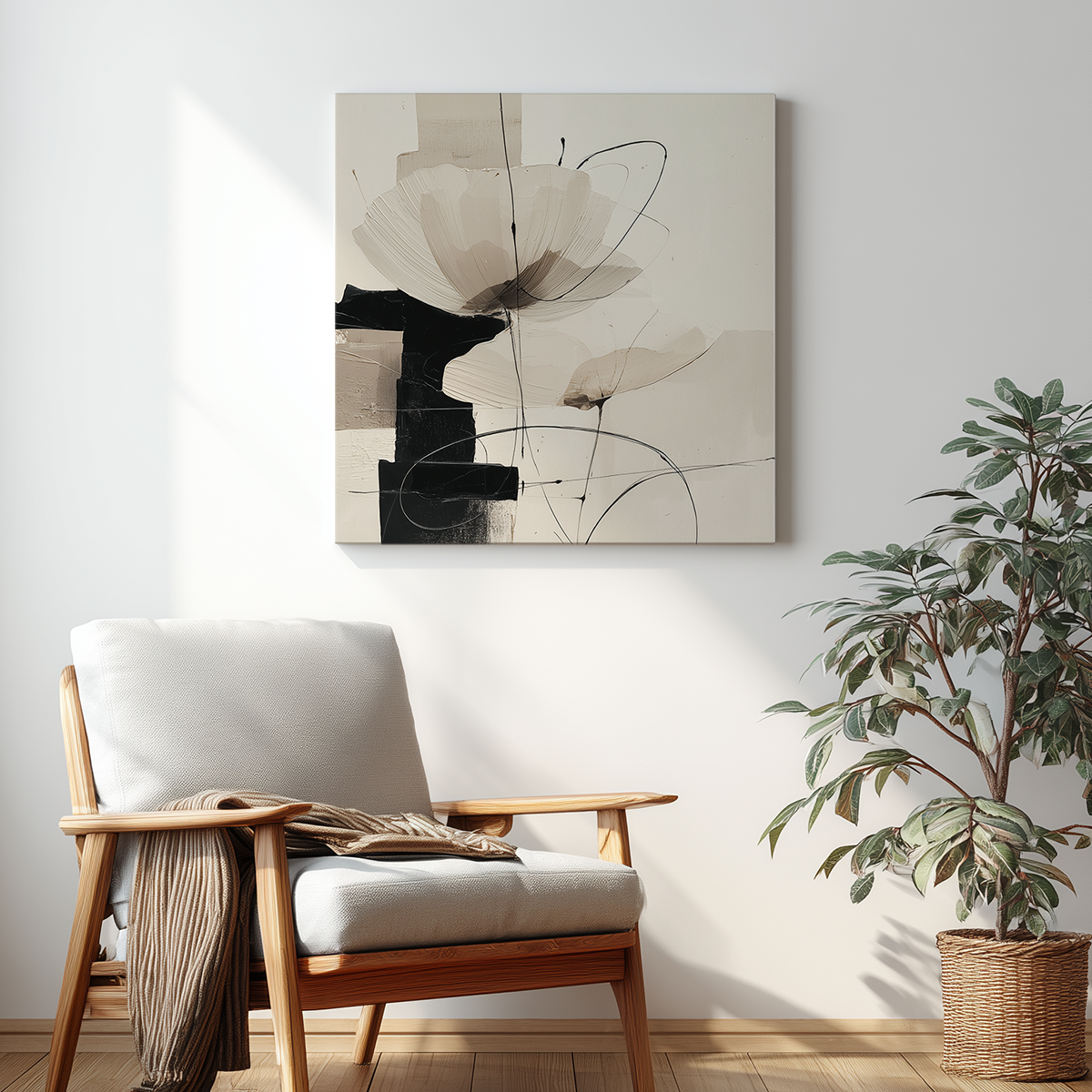 Neutral Abstract Botanical Wall Art Print - Modern Geometric Minimalist Decor hanging above a wooden chair with white cushions and a cozy throw, next to a potted plant in a bright, minimalist room.