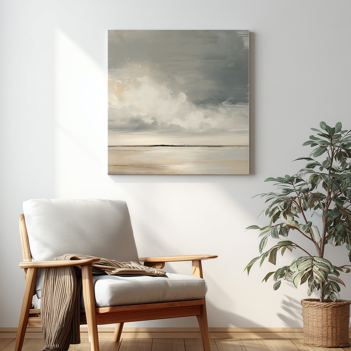 Neutral Serene Horizon Abstract Canvas Print - Modern Minimalist Decor hanging above a light wooden armchair with a beige cushion and a green potted plant in a softly lit room with neutral tones.