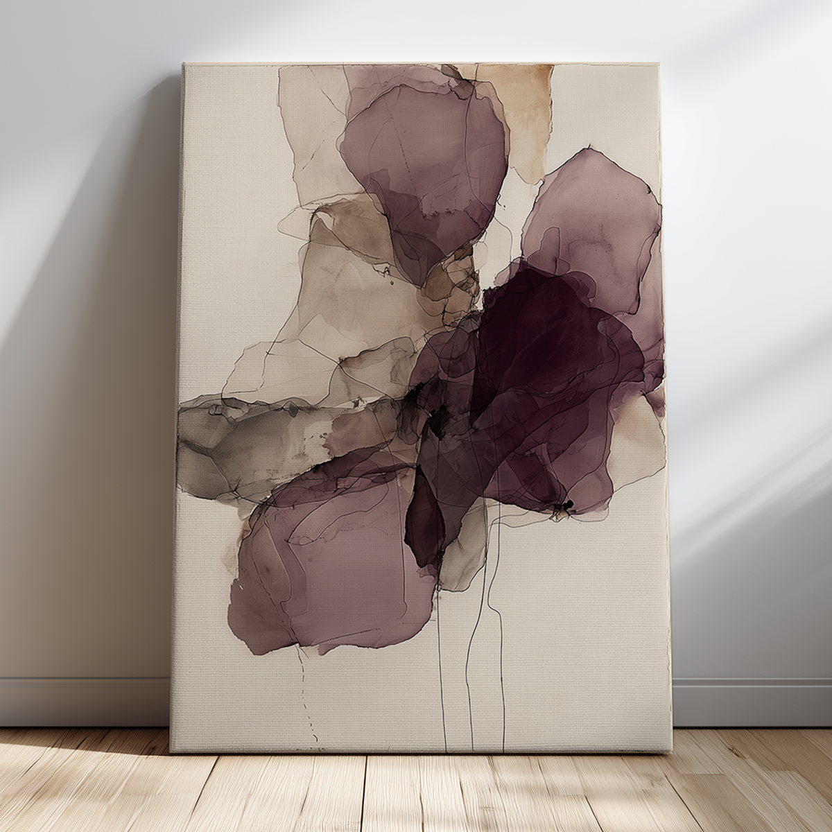 Ink Wash Abstract Floral Wall Canvas Art Print - Burgundy Minimalist Modern Wall Art featuring soft translucent burgundy and neutral tones in a floral abstract design on canvas.
