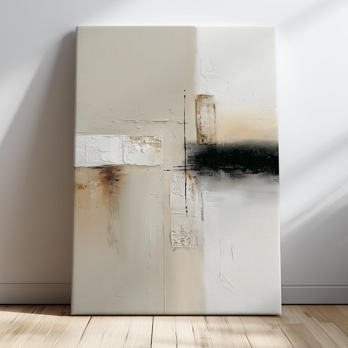 Neutral Abstract Wall Art with Gold Accents | Modern Japandi Textured Canvas | Luxury Minimalist Decor featuring subtle beige and white tones, gold highlights, and contrasting black brushstrokes in a textured minimalist design.