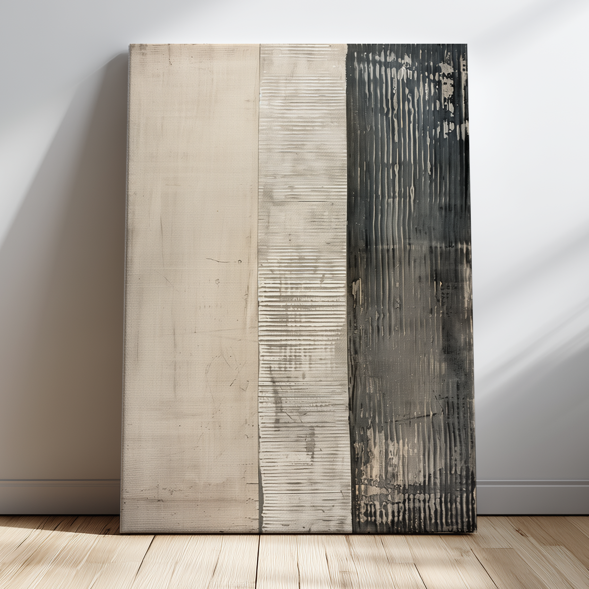 Neutral Abstract Wall Art | Minimalist Triptych Canvas featuring three vertical textured panels in soft beige ivory and charcoal tones leaning against a wall
