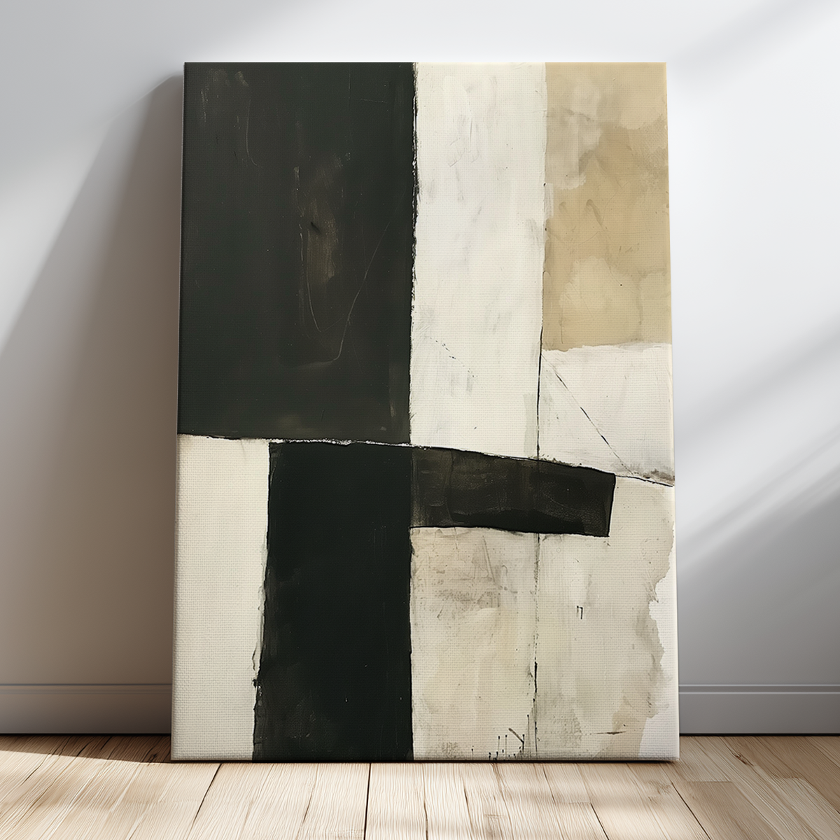 Geometric Abstract Wall Art | Neutral Black Beige Minimalist Print | Modern Wabi-Sabi Decor featuring bold black and beige blocks with textured, imperfect edges for a modern minimalist living room.