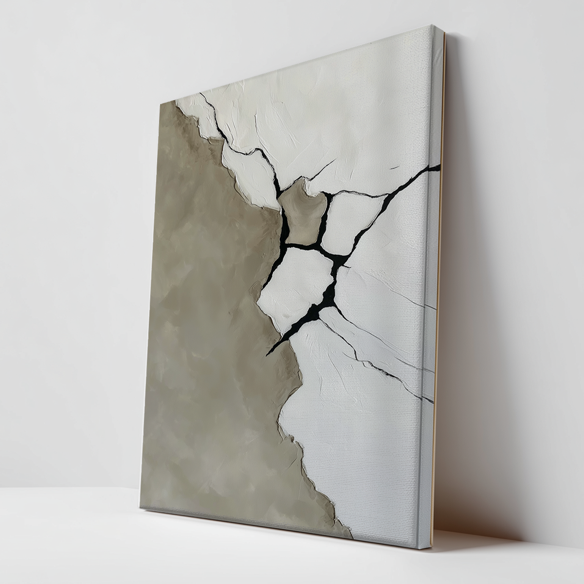 Fractured Silence | Minimalist Abstract Art Print | Canvas & Poster Print featuring neutral tones with textured beige and white sections intersected by bold black cracks for modern wall art.