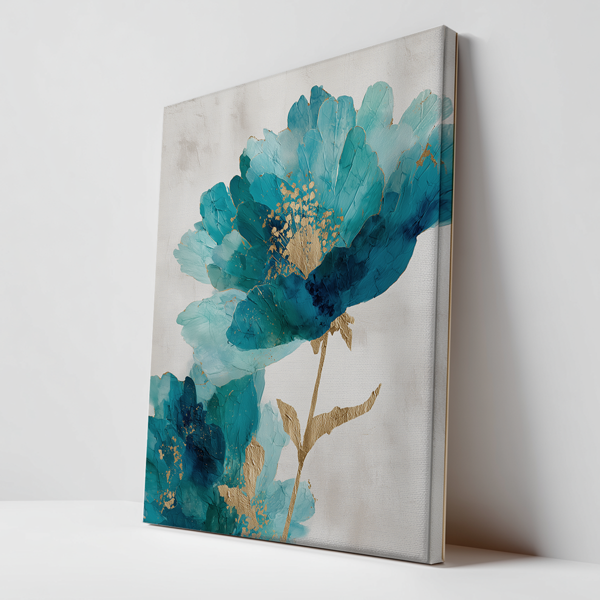 Blue Infusion Abstract Floral Wall Art | Teal & Indigo Botanical Canvas | Modern Luxe Decor featuring vibrant teal and indigo petals with gold accents on a neutral background, minimalist modern wall art.