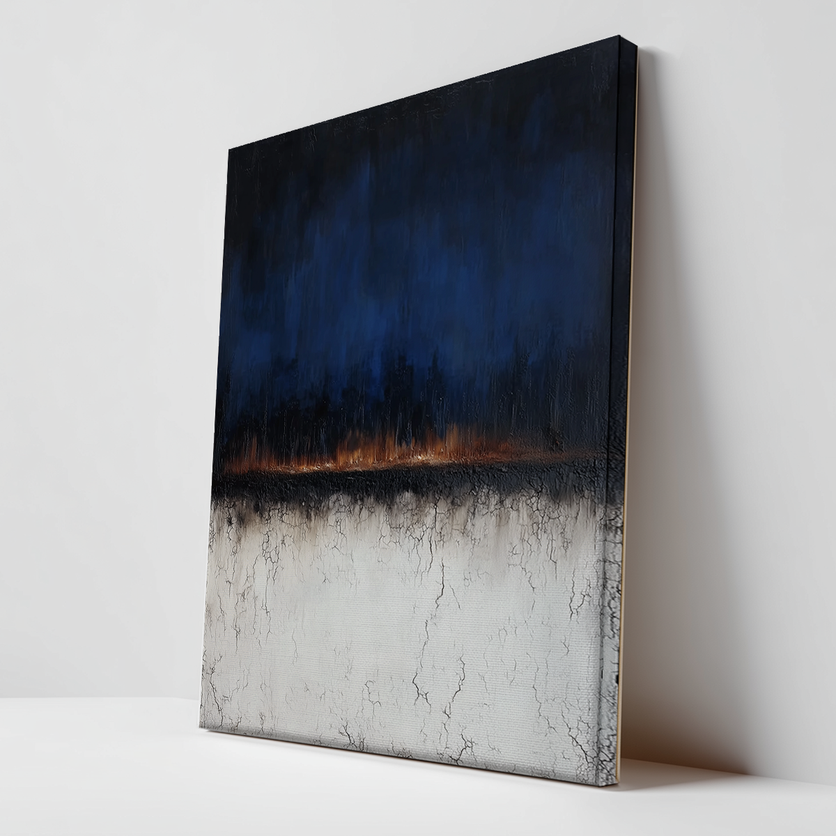 Moody Horizon Abstract Wall Art | Dark Minimalist Landscape Print | Navy & Burnt Orange Decor features a textured design with deep navy transitioning to burnt orange accents over a cracked, neutral base, embodying modern minimalist style.