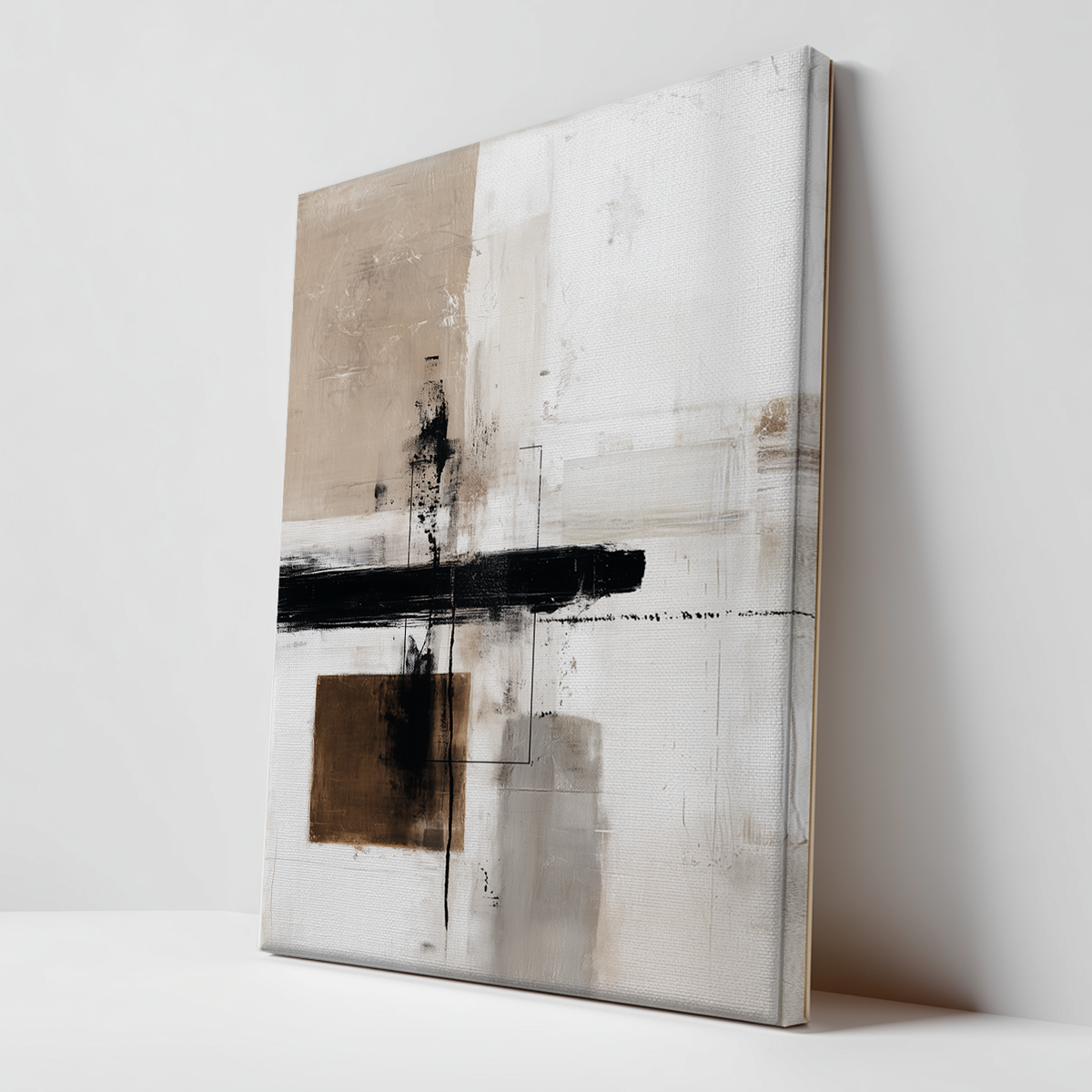 Urban Echo | Minimalist Abstract Art Print | Beige, Black & Brown Geometric Brushstroke | Giclee, Canvas & Poster Print | Matte | Framed or Unframed featuring modern neutral abstract wall art for living room.