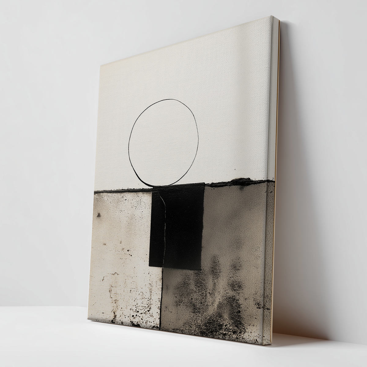 Modern Abstract Geometric Wall Art – Minimalist Black & White Textured Print featuring a simple circle above intersecting textured black and gray squares, perfect for modern wall art and neutral abstract decor.