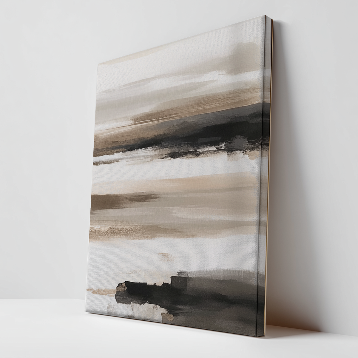 Abstract Horizon Wall Art | Neutral Watercolor Landscape featuring soft beige, brown, and black brushstrokes in a minimalist composition ideal for modern living room decor.