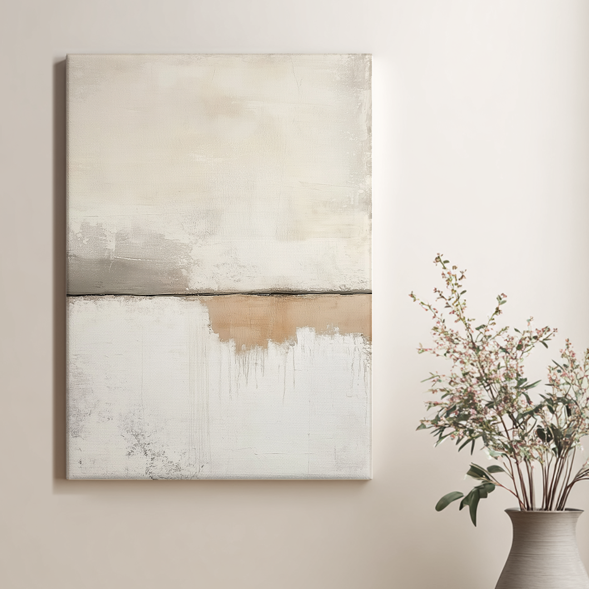 Scandinavian Modern Neutral Abstract Wall Art - Beige Minimalist Canvas Print featuring soft, muted tones and subtle textures in an abstract composition ideal for modern, minimalist living spaces.