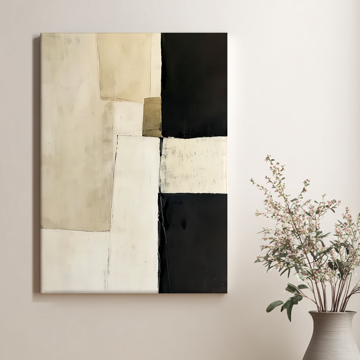 Architectural Abstract Wall Art | Modern Neutral Geometric Canvas | Textured Minimalist Decor featuring beige, cream, and black blocks with subtle texture, displayed above a light wall next to a vase with foliage.