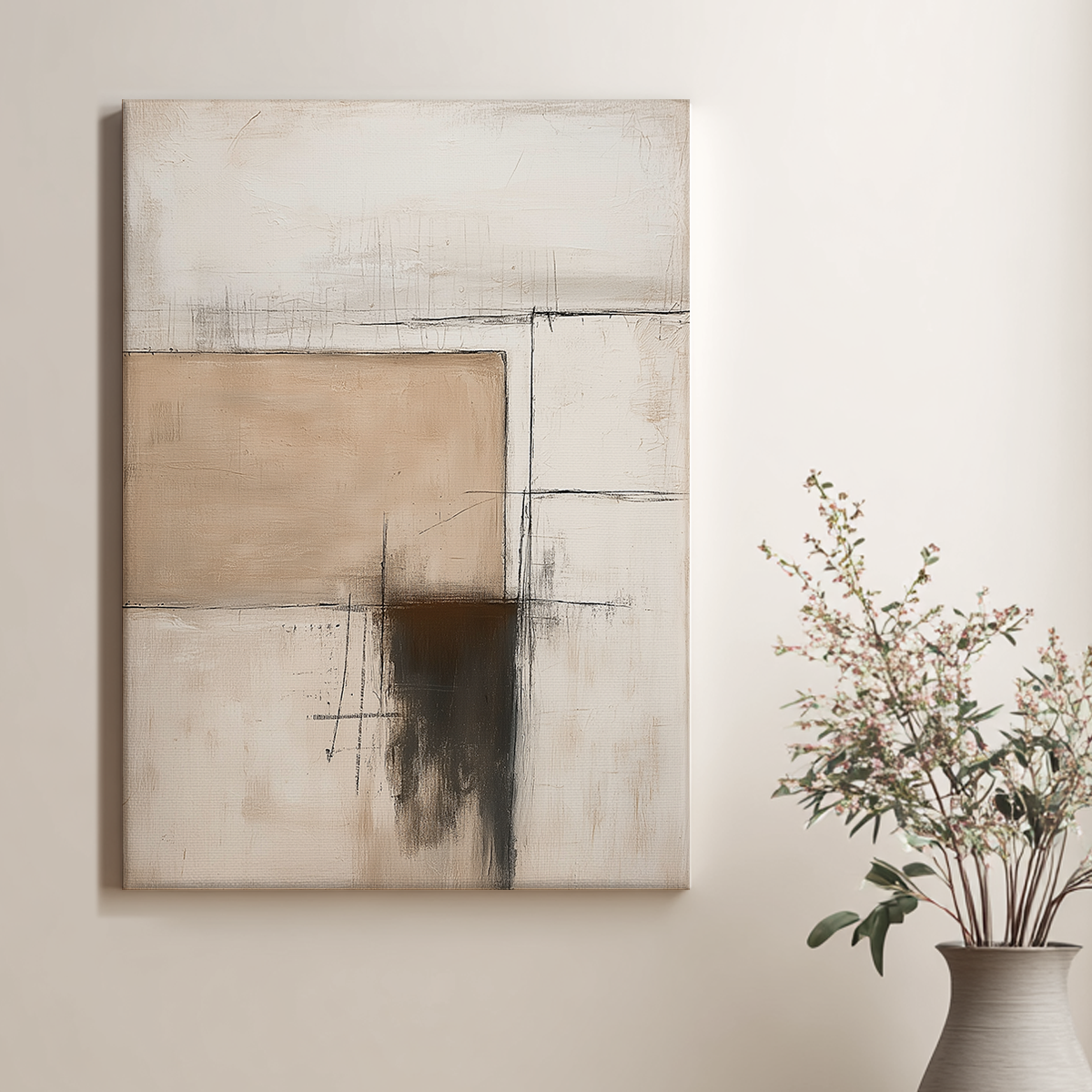 Architectural Abstract Wall Art | Neutral Textured Minimalist Canvas | Wabi-Sabi Modern Decor featuring soft beige and cream tones with subtle black textured accents in a minimalist style next to a vase with delicate branches.