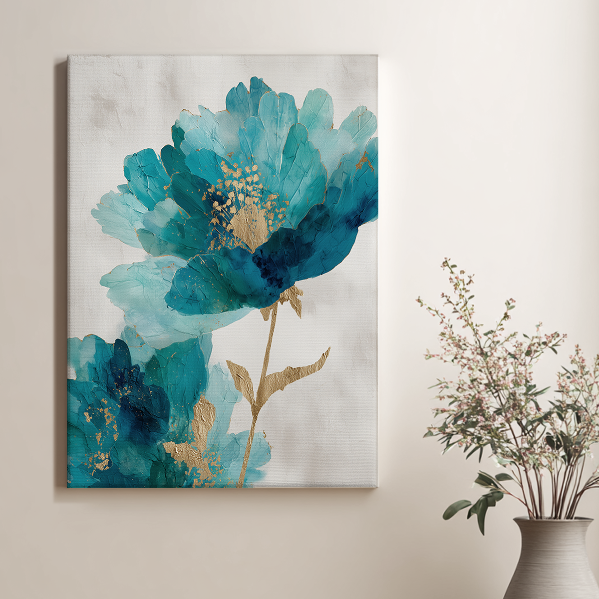 Blue Infusion Abstract Floral Wall Art | Teal & Indigo Botanical Canvas | Modern Luxe Decor features a bold abstract floral design in teal and indigo hues with gold accents on a neutral background, perfect for modern wall art in a living room.