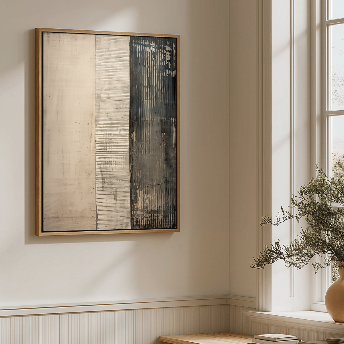Neutral Abstract Wall Art | Minimalist Triptych Canvas with textured beige and charcoal vertical panels displayed in a sunlit living room beside a window
