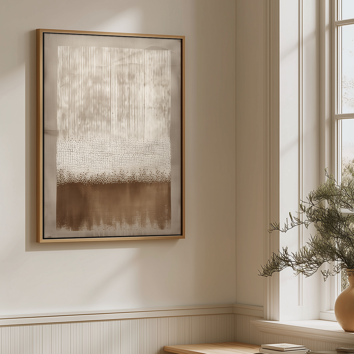 Framed abstract wall art hanging on a beige wall beside a window, with soft sunlight and a potted plant nearby. The artwork has a light upper section with vertical texture and a darker brown lower section, enclosed in a thin gold-toned frame.