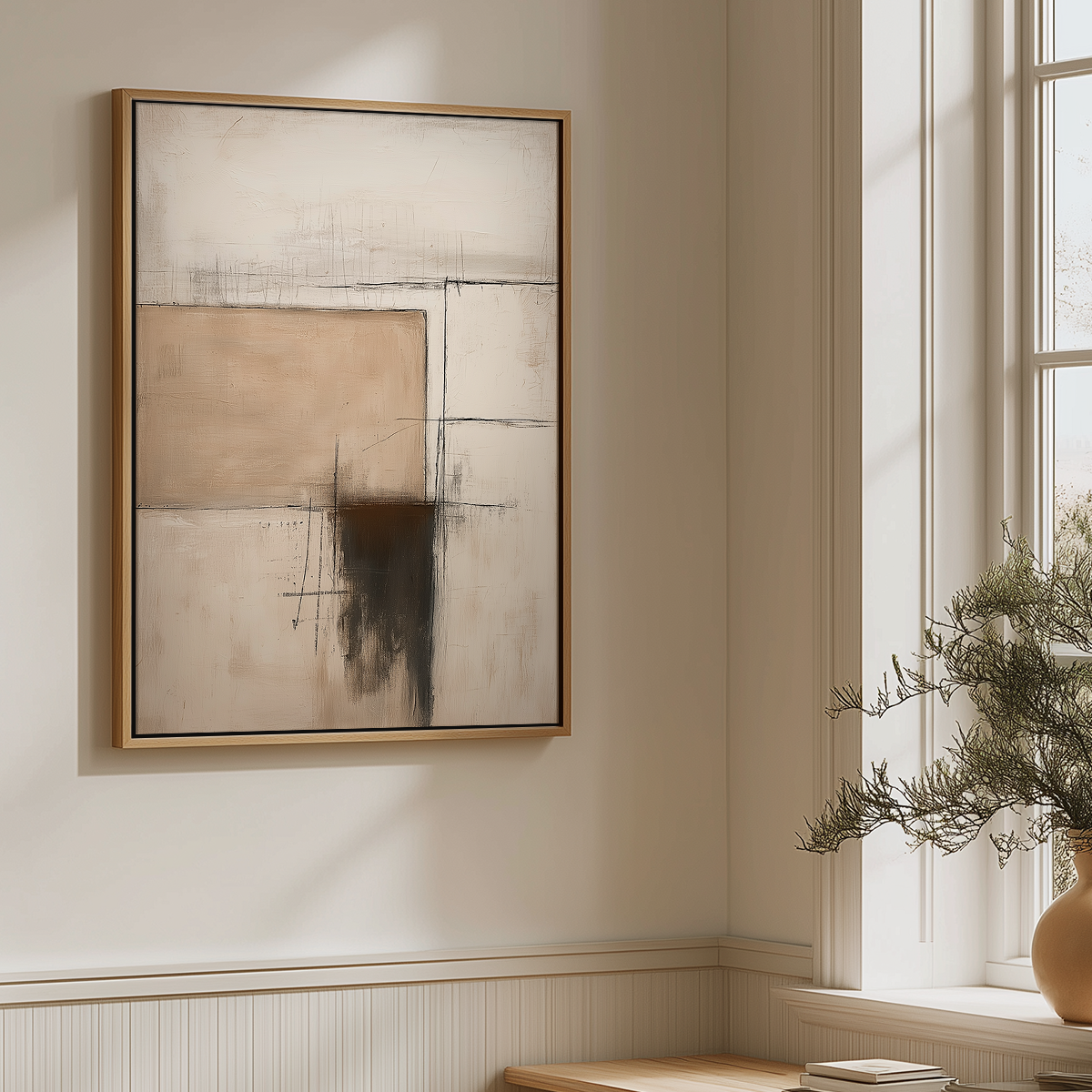 Architectural Abstract Wall Art | Neutral Textured Minimalist Canvas | Wabi-Sabi Modern Decor hanging on a light beige wall, featuring soft neutral tones with abstract geometric shapes, alongside a bright window and modern minimal furniture.