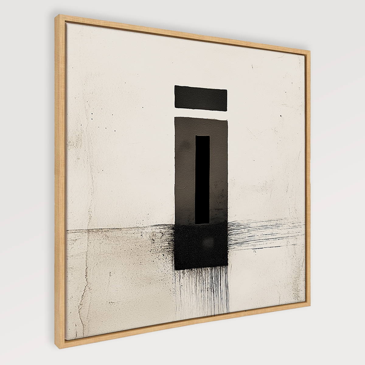 Zen Abstract Wall Art Print – Minimalist Black Ink Geometric Modern Decor featuring bold black ink shapes on a neutral background, framed in light wood for modern living room style.